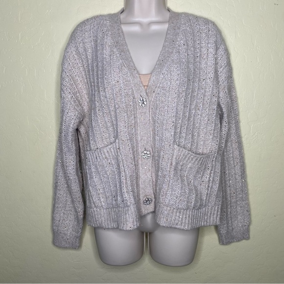 LOFT Knit Cardigan Sweater in Cream with Gold Accents Size Medium M - Picture 2 of 13
